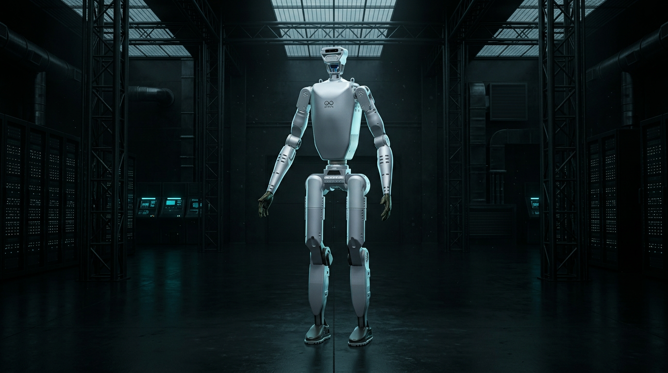 Spera humanoid security robot standing in a dark facility